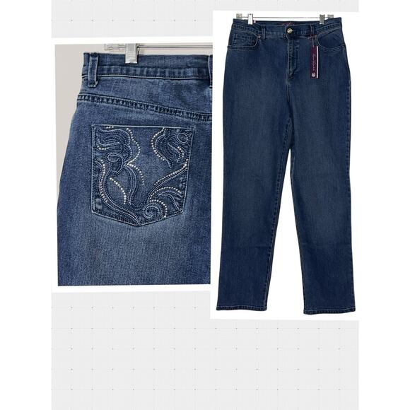NWT GLORIA VANDERBILT BLUE AMANDA HERITAGE FIT JEANS SIZE 12 EMBELLISHED BK PKTS - Picture 2 of 6